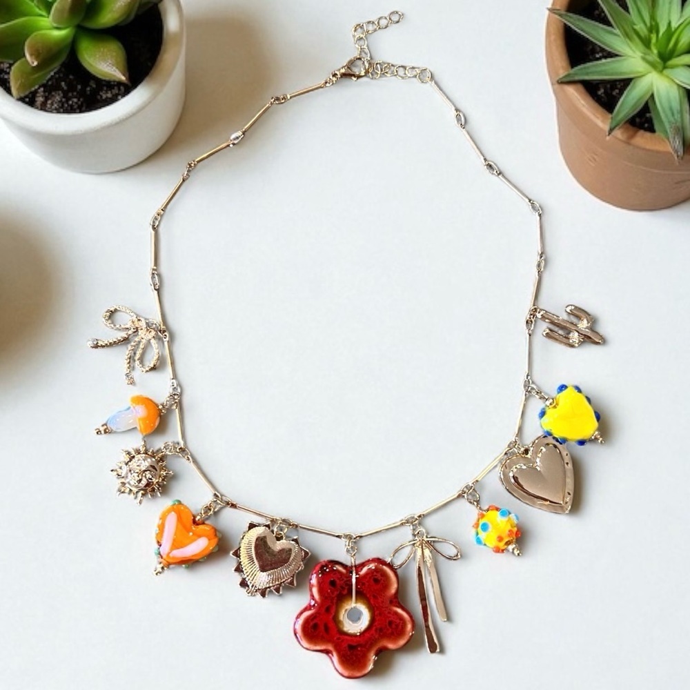 Vibrant Gold Toned Autumn inspired charm necklace Glass Ceramic Enamel charms - Picture 9 of 17
